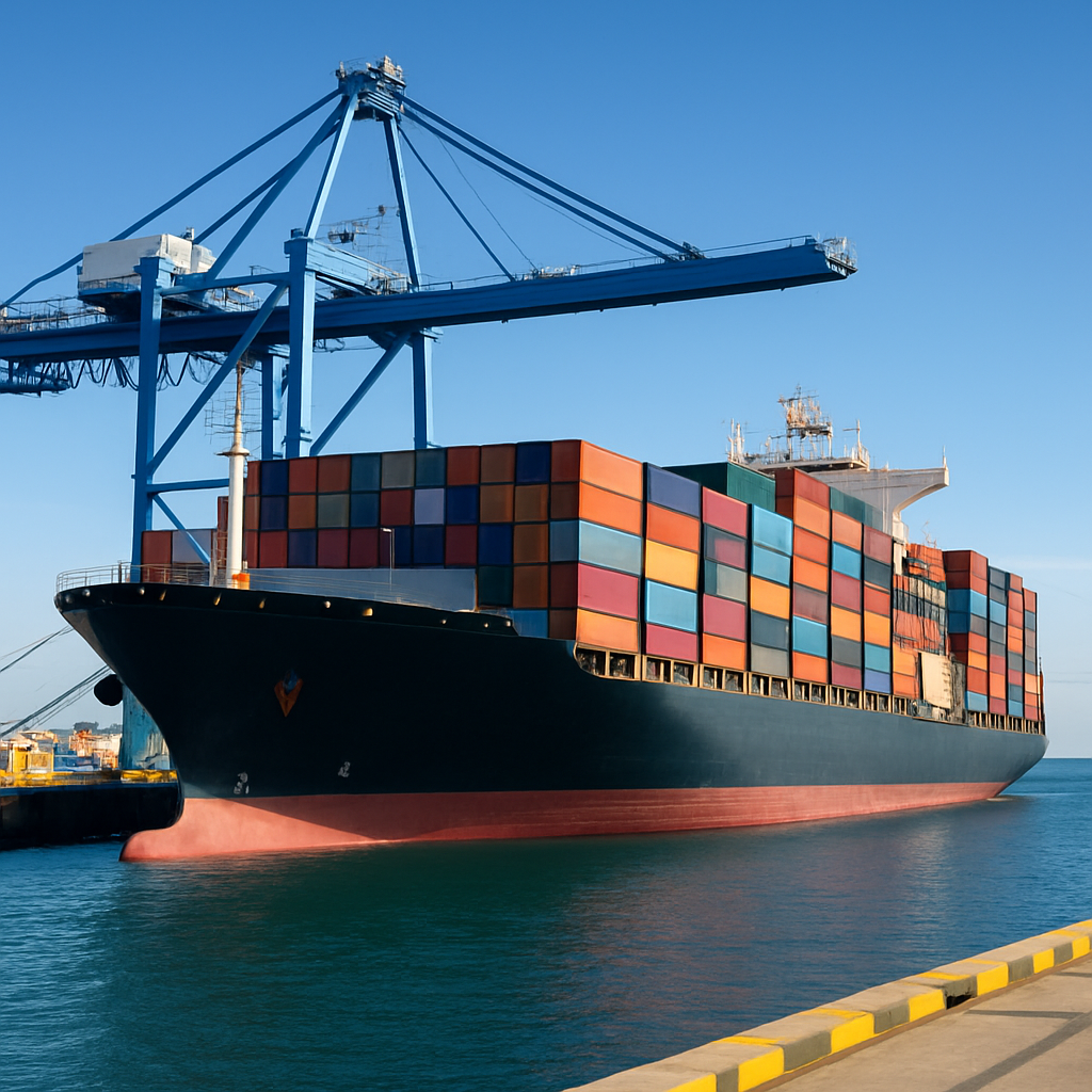 Container ship being serviced at a port terminal